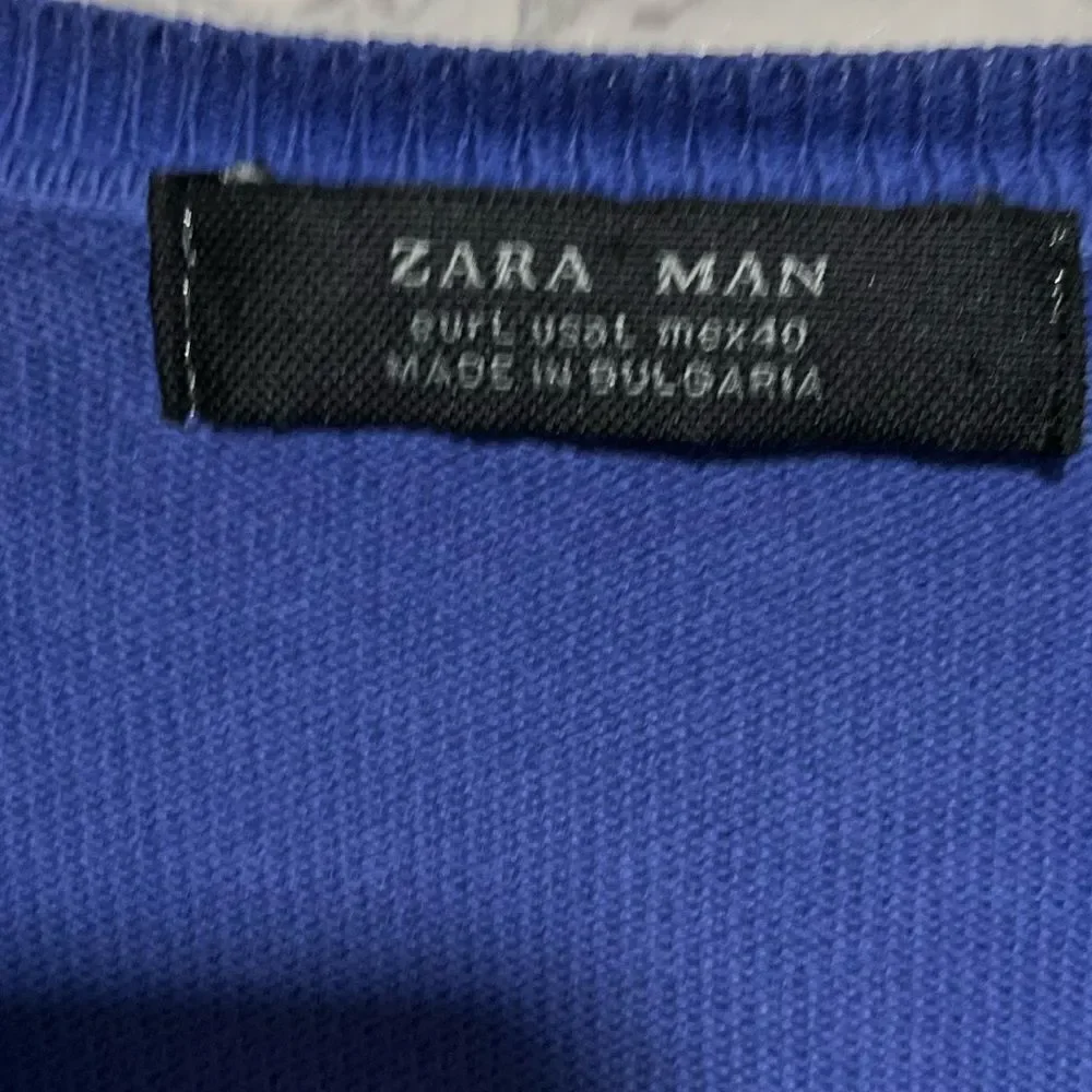 Zara Man Sweater Large Blue Fine Cotton V-neck Longsleeve Bulgaria